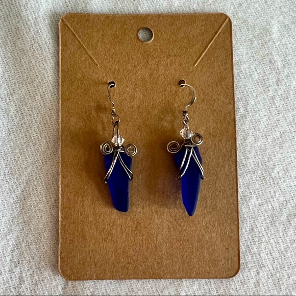 Handmade Blue Sea Glass Earrings - Picture 3 of 3
